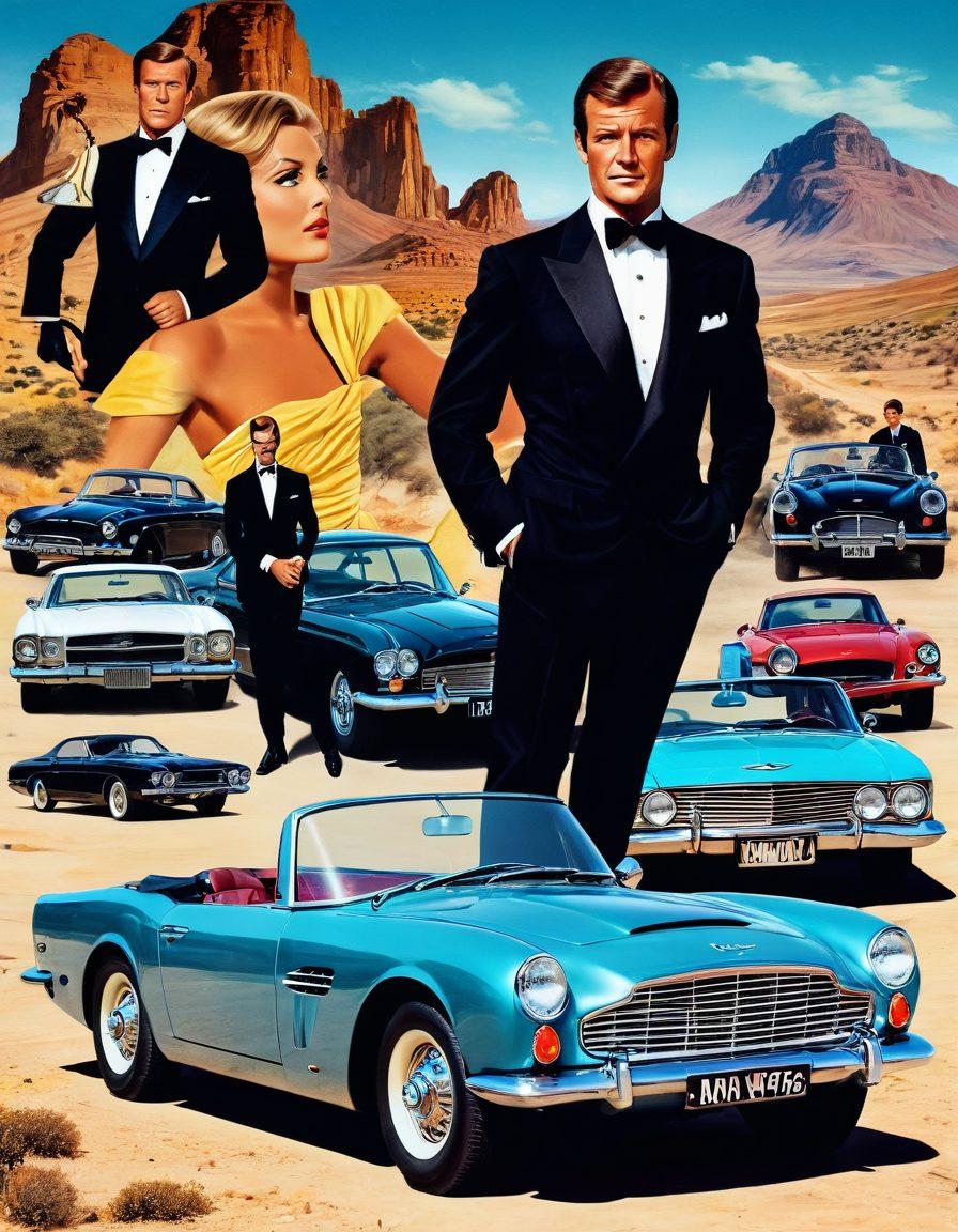 A dynamic collage showcasing Roger Moore in iconic scenes: as James Bond in a tuxedo, a suave detective in a vintage car, a charming lead in a television drama, and an adventurous explorer in a dramatic landscape. The background features a blend of film reels and TV screens symbolizing his transition from film to television. Highlight with rich colors and a touch of glamour. super-realistic. vibrant colors. collage style.