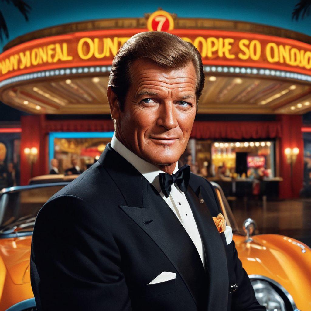 A striking portrait of Sir Roger Moore, showcasing his iconic roles from James Bond to The Saint. The background fades into iconic scenes from his films, like the glamorous casinos and exotic locations. His charismatic smile should be highlighted, with a subtle play of light and shadow to emphasize his charm. Include elements like a vintage film reel and a classic car to symbolize his cinematic legacy. super-realistic. vibrant colors. cinematic lighting.