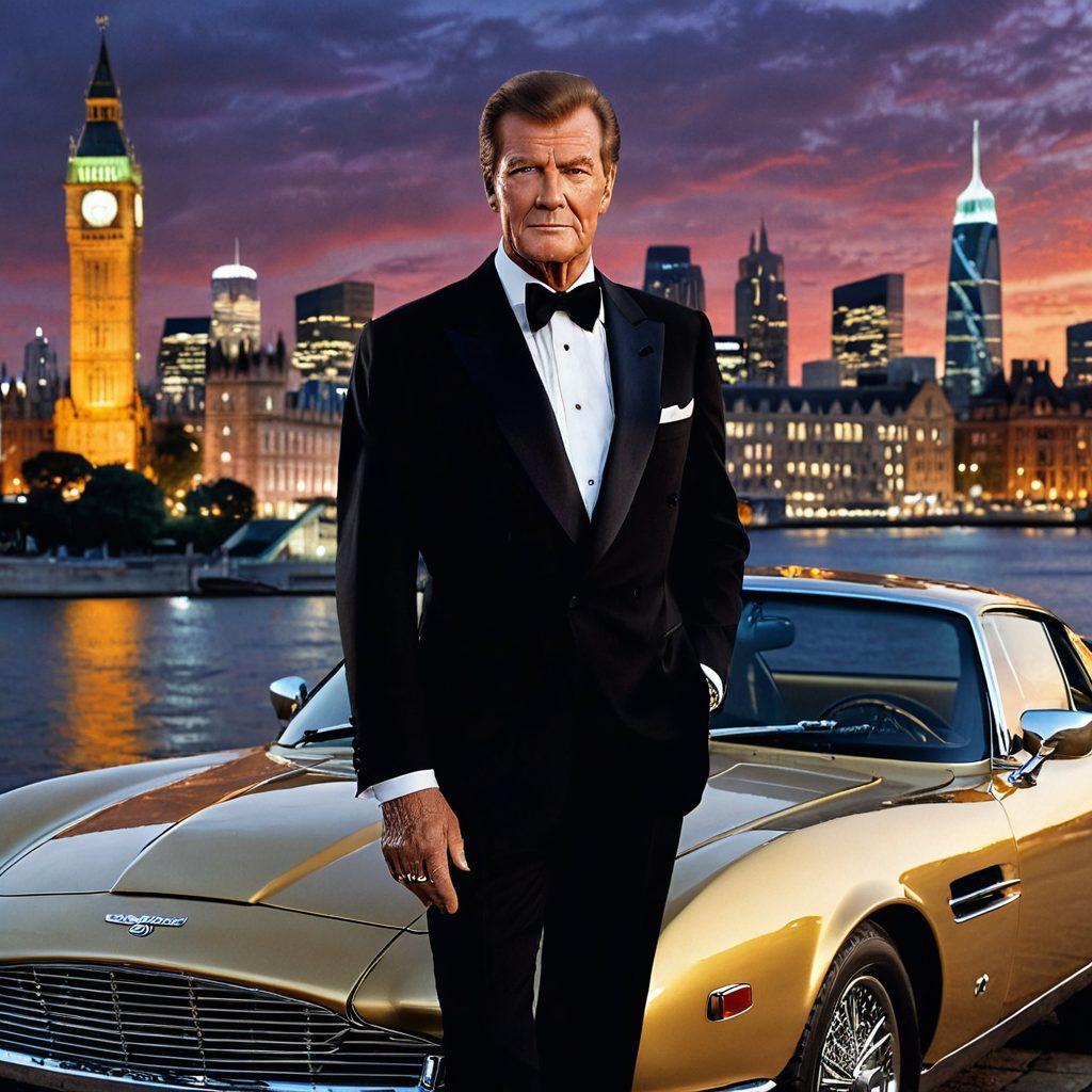 A striking portrait of Sir Roger Moore in classic tuxedo, surrounded by iconic elements from his James Bond films—golden gun, Aston Martin, and a glamorous city skyline at dusk in the background. Incorporate a subtle golden glow to symbolize his legacy and achievements. Capture a sense of elegance and adventure. super-realistic. vibrant colors.